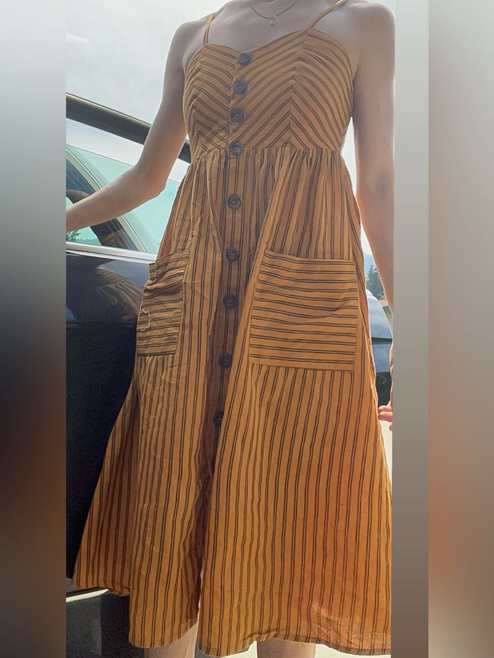100% cotton Mustard Yellow and Black Striped Midi Sundress